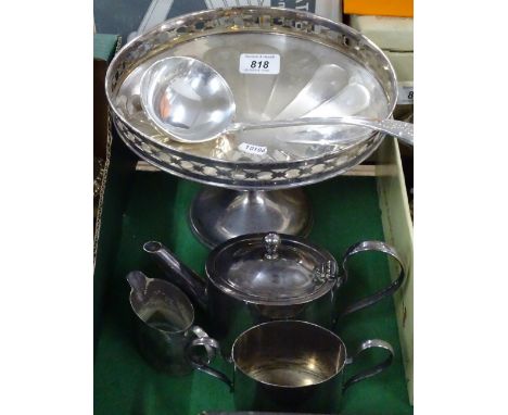 A silver plated fruit bowl, a 3-piece plated teaset and ladle