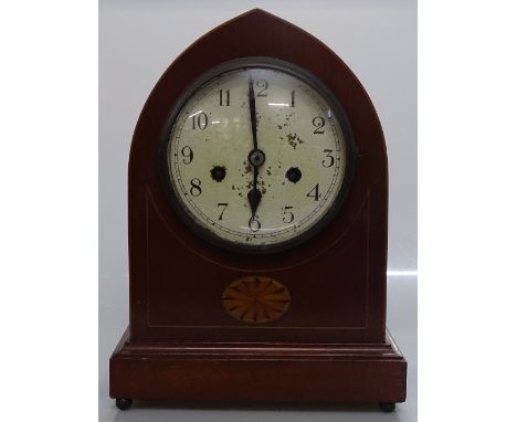 An Edwardian inlaid mahogany lancet-topped mantel clock with 8-day movement, height 12"