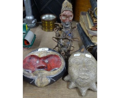 2 African tribal ceramic masks, and a Congo Nkisi nail fetish (3)