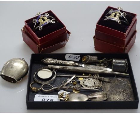 A pair of plated and blue enamel 1902 coronation napkin rings, boxed, a small quantity of gold jewellery, a silver cow bell e