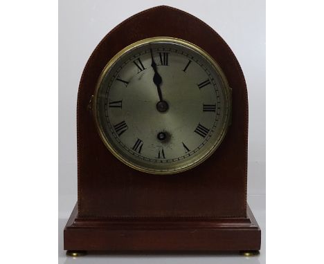 An Edwardian mahogany lancet top mantel clock, silvered dial and 8-day movement, height 10"