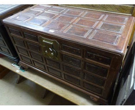 An Oriental panelled camphorwood blanket chest, with fitted tray on bracket feet, W 100cm