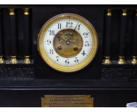 A Victorian slate cased architectural mantel clock, with brass-mounted columns and 8-day striking movement, height 15"