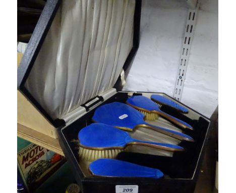 A blue enamel backed brush and mirror set, and various jewellery