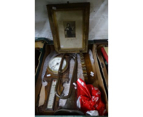 An oak wall barometer, dental tools, a trumpet etc