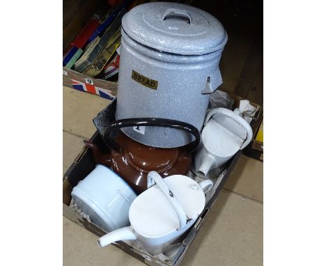Vintage enamelled kitchenware including a bread bin and a colander, a kettle etc