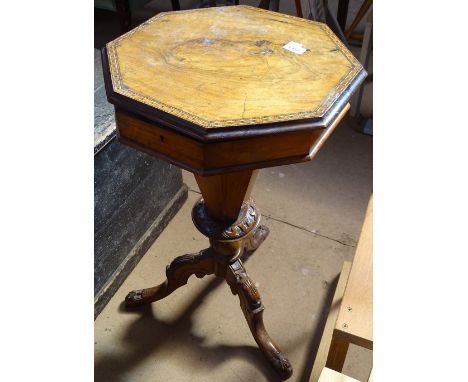 A Victorian walnut and chequered-banded trumpet work table on tripod base, W 45cm