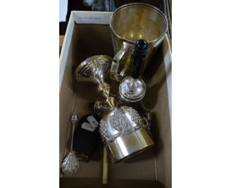 An embossed plated goblet, a tankard, a Walker and Hall hand bell, a silver and ivory handled pickle fork etc