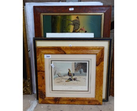 An Antique coloured engraving, a reverse print on glass, racing scene, etc