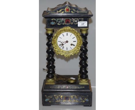 A 19th century French portico clock with inlaid brass and stone marquetry and barley twist columns, height 18"