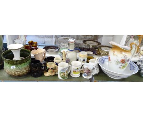 A wash jug and basin, beer steins etc
