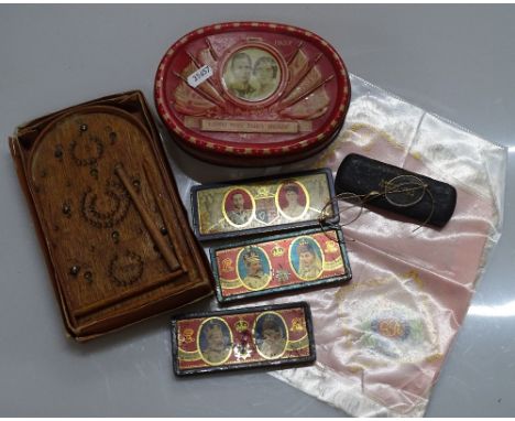 A Vintage toy bagatelle game, a 1937 commemorative tin and others, spectacles etc