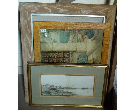 A watercolour, Steyning River view, Pears print, and a wool work picture