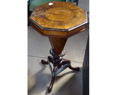 A Victorian walnut trumpet work table on carved tripod base, W 44cm