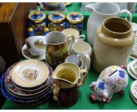 A large Booth's jug, a hunting scene cup and saucer and jug, Farmers Arms china, Bairnsfather plate etc