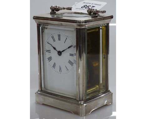 A silver plated carriage clock, working order, H 10cm not including handle