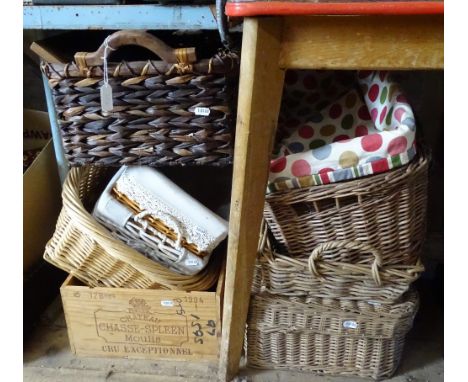 Vintage wicker baskets, a wine box etc