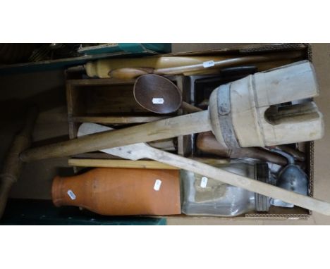 Wooden and other kitchenware including washing dollies, a cutlery tray, a rolling pin etc