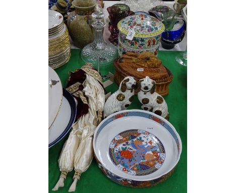 Oriental stacking pots, a puppet, a game tureen etc 