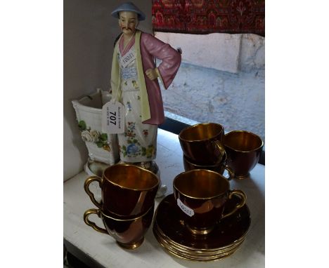 Carlton War, Rouge Royale coffee cups and saucers, and a Continental porcelain figure of a Chinaman 