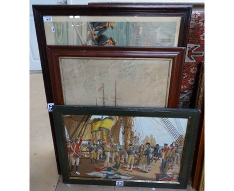 A large coloured framed print of Nelson on board HMS Victory, a coloured lithograph by J. S. Virtue & Co of HMS Victory, and 