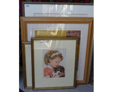 C Penny, colour print, Aegean view, Eric Earnshaw, pair of portraits, and another abstract print by a different hand, framed,