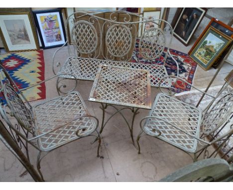 A painted metal 2-seater garden bench, a pair of matching armchairs, and occasional table (40