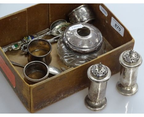 A box containing silver napkin rings, silver-topped powder bowl, cutlery etc, 4.9oz weighable silver