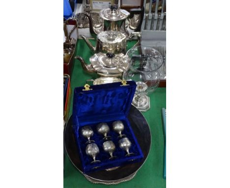 A silver plated 4-piece teaset, an engraved teapot, fruit bowl etc