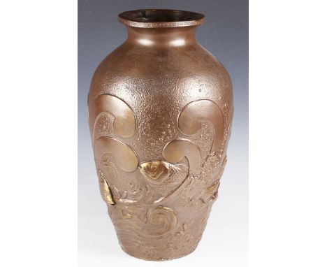 A Bretby Art Pottery vase with bronzed glaze, late 19th century, of tapered high-shouldered form, relief moulded with fish am