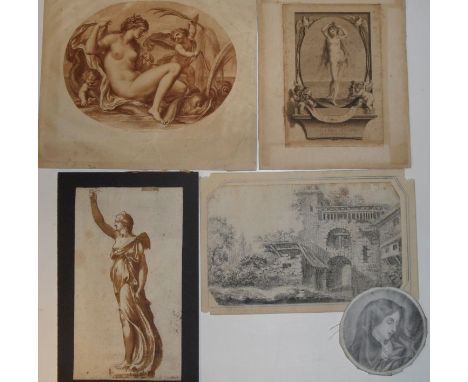 A box of various antique prints and old master style drawings to include: an indistinctly signed pen and ink drawing of a cla