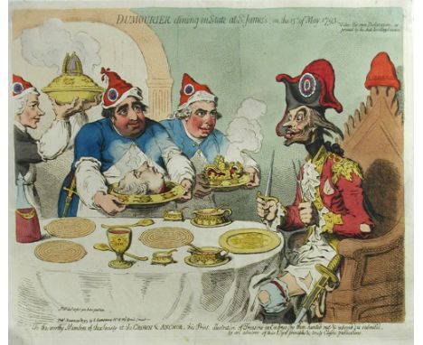 Six coloured satirical cartoons Dumourier dining in State at St James's, on the 15th of May 1793, etching by James Gillray, 3