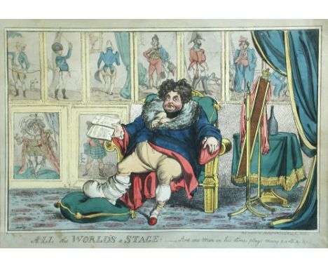 William Heath (1794-1840) , All the World's a Stage - And One Man in His Time Plays Many Parts, hand coloured etching, 1824, 