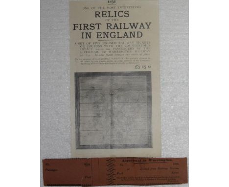 Early Railway history in England, an unused train ticket from Liverpool to Warrington, 1832 (small tear)  