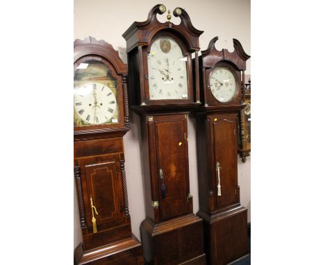 A 19TH CENTURY OAK EIGHT DAY LONGCASE CLOCK, the painted face with subsidiary seconds dial, makers name J. Burn, the case wit