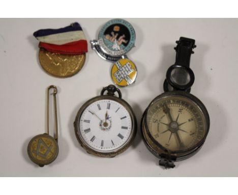 AN OPEN FACED MANUAL WIND POCKET WATCH, COMPASS ETC