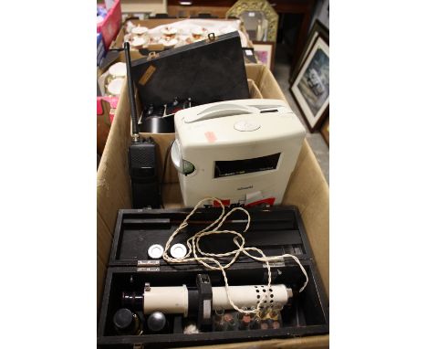 A BOX OF ASSORTED COLLECTABLES TO INC CAMERA FILTERS, TIME RECORDER CLOCK, PHOTOMETER ETC