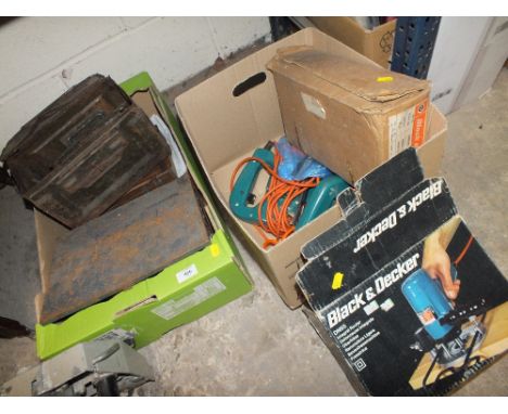 A BOX OF HAND TOOLS ETC TOGETHER WITH A BOX OF POWER TOOLS