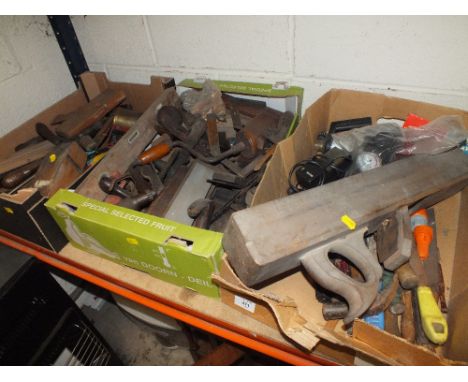THREE BOXES OF CARPENTERS TOOLS ETC TOGETHER WITH A WORKBENCH