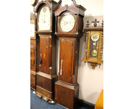 A 19TH CENTURY OAK LONGCASE CLOCK WITH 30 HOUR MOVEMENT, the circular painted dial with makers name 'Samuel Hill - Sheffield'