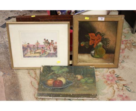AN UNFRAMED OIL ON CANVAS TOGETHER WITH A FRAMED EXAMPLE SIGNED K SMITH, TOGETHER WITH AN ORIENTAL PRINT AND TWO SMALL FRAMES