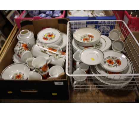 TWO TRAYS OF J AND G MEAKIN POPPY PATTERN TEA AND DINNER WARE