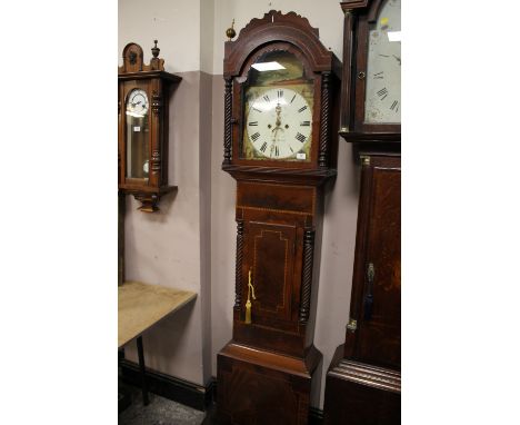 A 19TH CENTURY INLAID EIGHT DAY LONGCASE CLOCK, the painted face with arched dial, subsidiary seconds dial and date aperture,