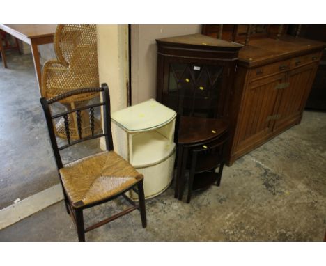 A MAHOGANY CORNER CABINET, NEST OF TABLES, LINEN BOX &amp; A CHAIR (4)