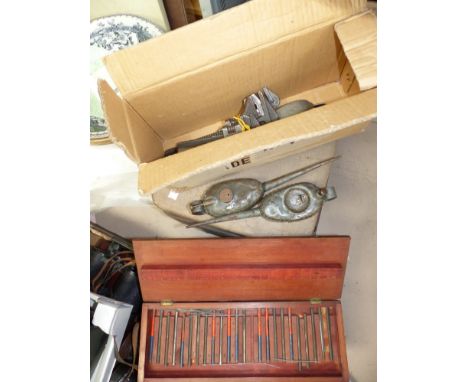 A collection of vintage oil cased wrenches; a boxed set of bar magnets and 2 methylated spirit blow lamps