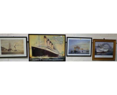 A reproduction White Star line poster advertising Olympic and Titanic; various other ship prints incl the Oriana; 4 prints re