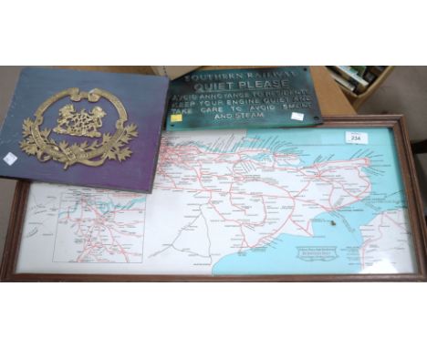 SE & C ..... coach map framed, a cast iron QUIET PLEASE sign, a brass wagons ......... coach sign and a BR repro Cureo poster