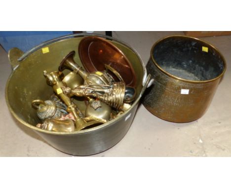 An Islamic brass basin, a brass jampan and other brassware