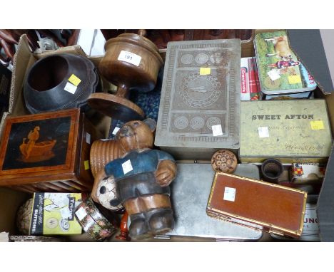 A collection of treen including a Sorrentoware tea caddy and a collection of vintage tins etc.