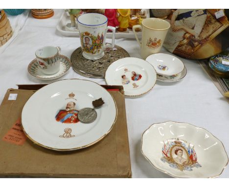 A selection of Royal Commemorative china, an Edward V111 mug and book; a ''White Star'' cup and saucer on a metal foot stand
